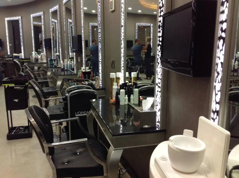 
stainless steel styling station with led light barber mirror station 