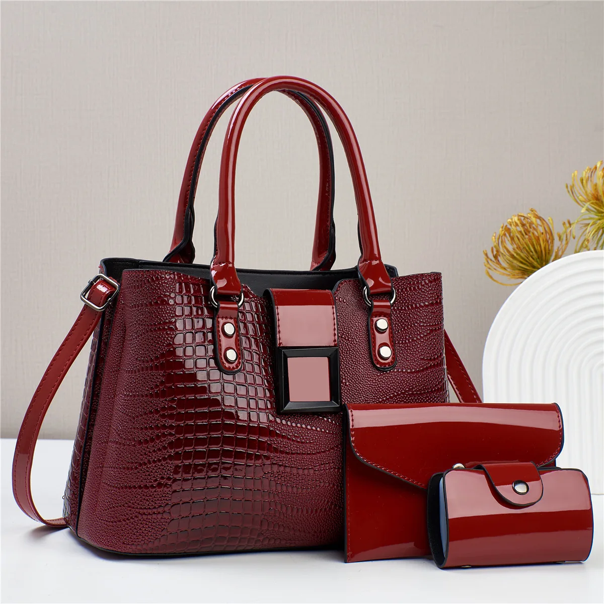 New High Quality Crocodile pattern PU Leather Handbags for Women Ladies Shoulder Bag   Luxury Large Fashion Solid color Tote Bag