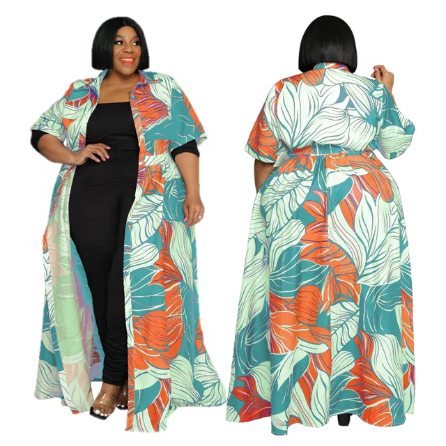 New Arrival Color Print Casual Cape Ladies Long Cardigan Short Sleeve Long Shirt Maxi Dress Plus Size Women Dress with Belt