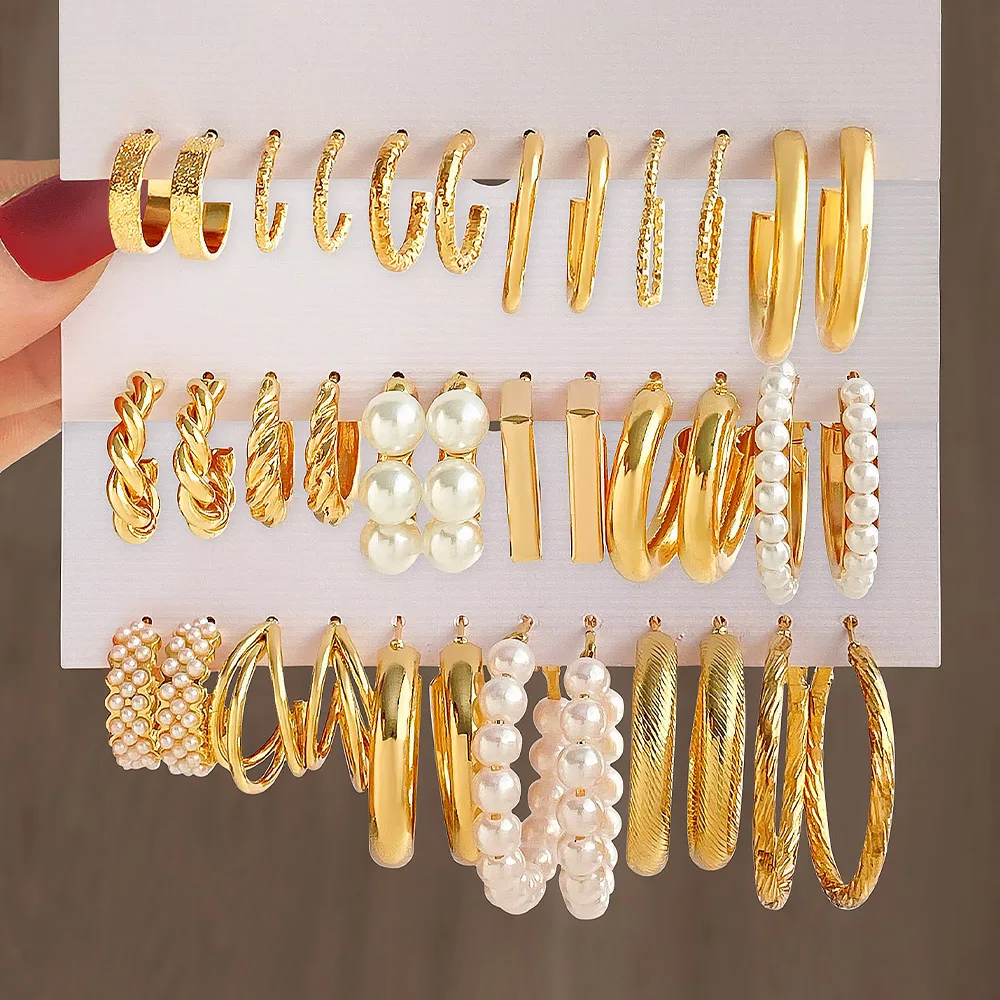 New Wholesale Gold plated Pearl Butterfly Acrylic  Hoop Earring Set for Women Metal Hollow Earrings Jewelry