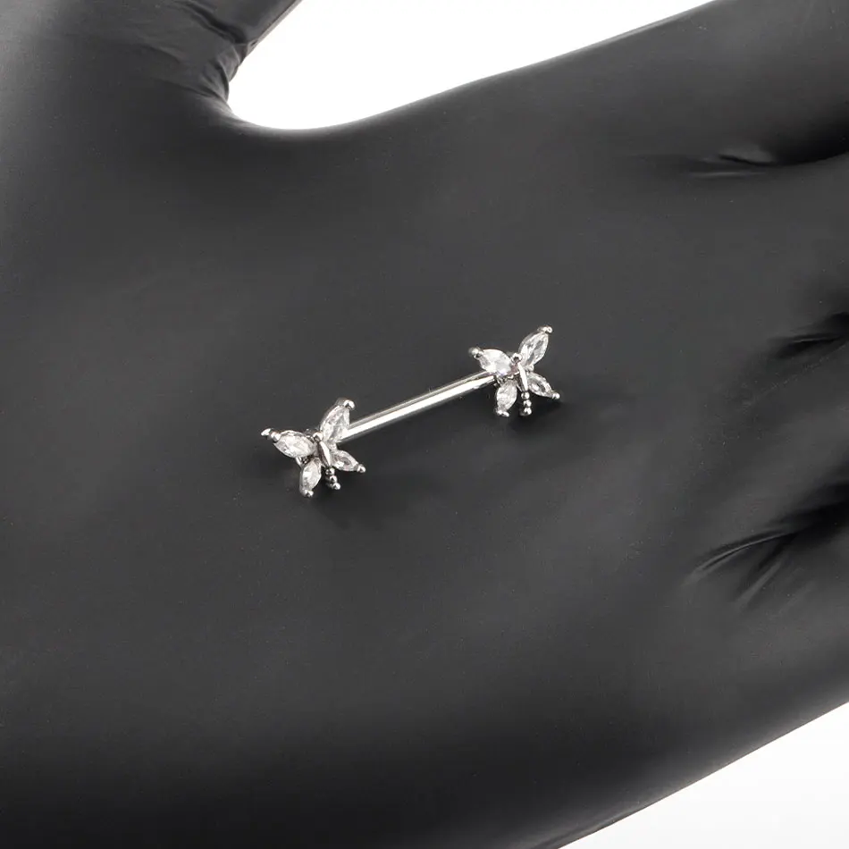 316L Butterfly Crystal Nipple Rings Nipple Piercing Tongue Rings 14G Straight Barbell Surgical Steel for Women Nipple Piercing