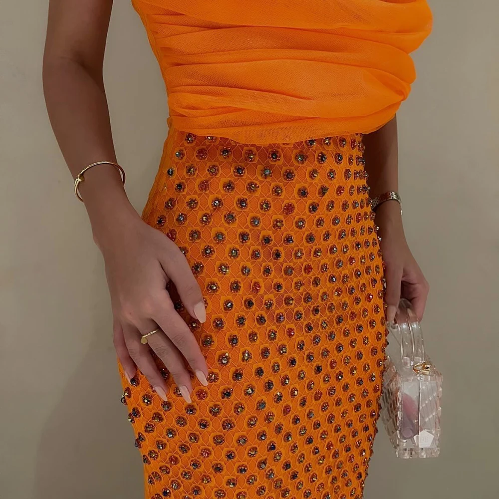 Orange One Shoulder Dubai Luxury Evening Dress For Wedding Arabic Women Elegant Ankle Length Formal Party Gown Sf011-2