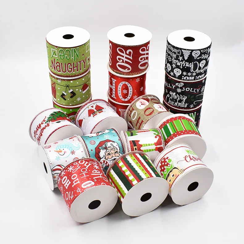 IDO 63mm Wide Custom Christma Print Holiday Ribbon Wired For Wreath Bows Decoration Crafts