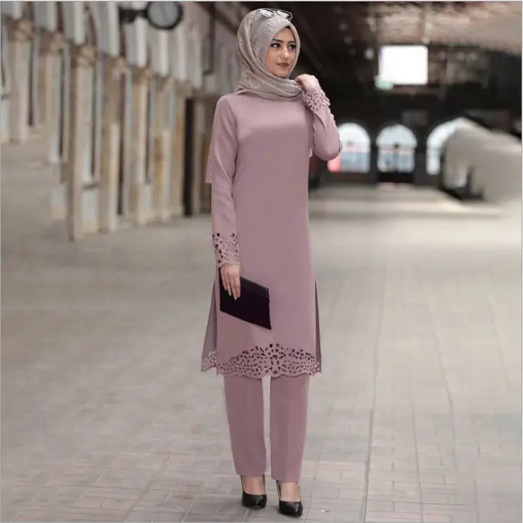 2021 New Stylish Middle East Islamic Clothing Muslim Women Long Sleeve Tunic Pants 2 Piece Suit
