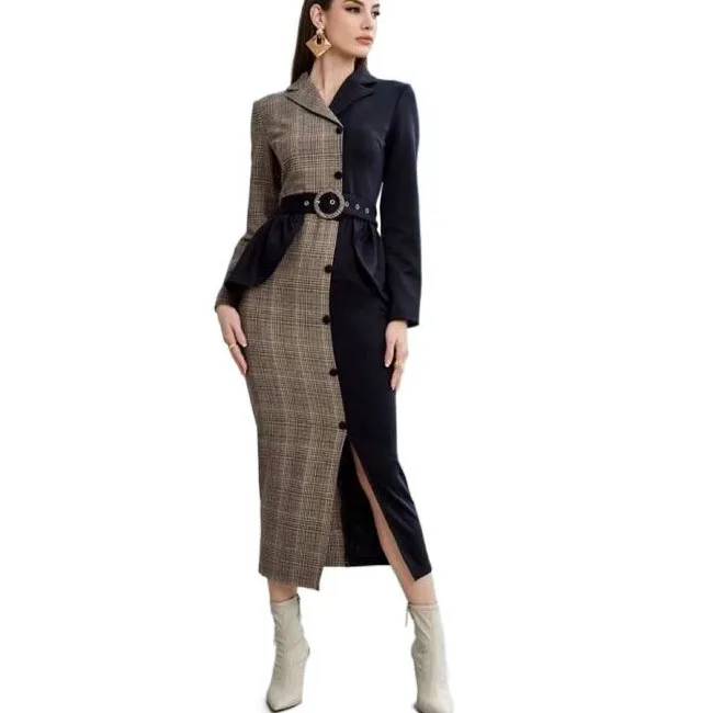 2022 Spring and autumn long sleeve lapel matching color plaid waist girdle work dress women
