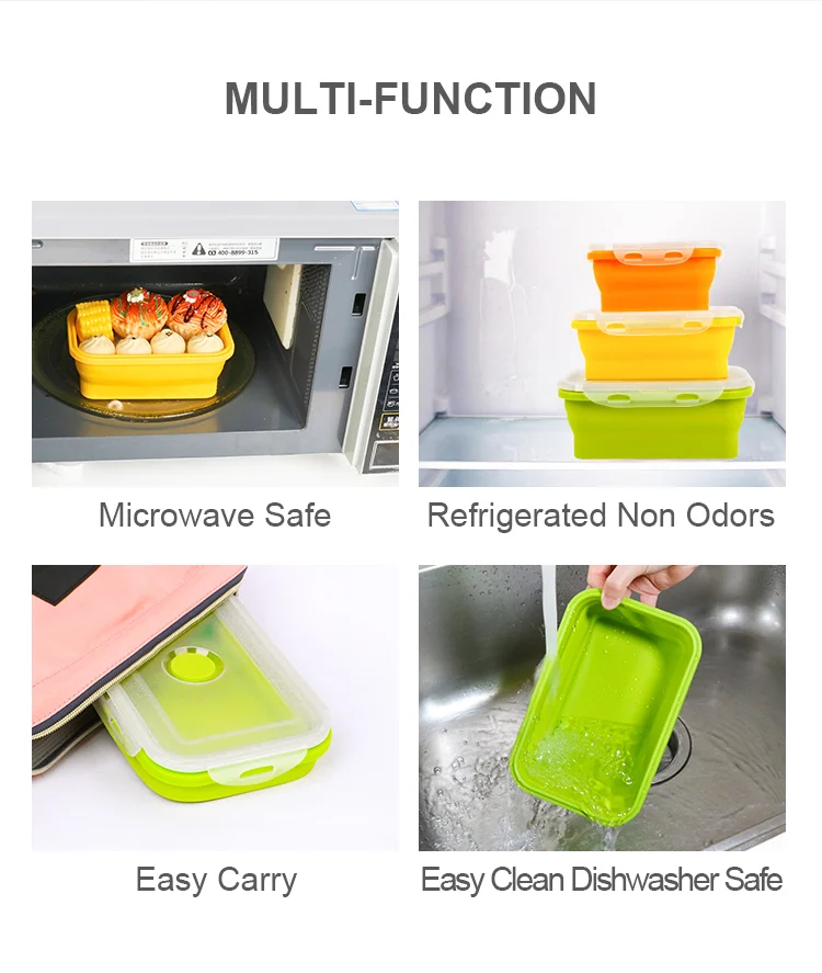 Customized 4 Pieces Colorful Food Container Large Foldable Lunch Crisper Bento Box Food Grade Jelly Silicone Lunchbox For Camp
