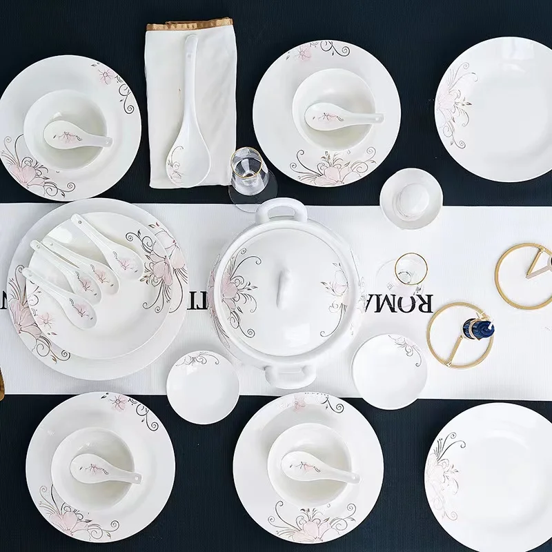 Jingdezhen Ceramic tableware 56 pieces rice bowl tableware set gold wire rose bowl plate ceramic tableware Customers gifts