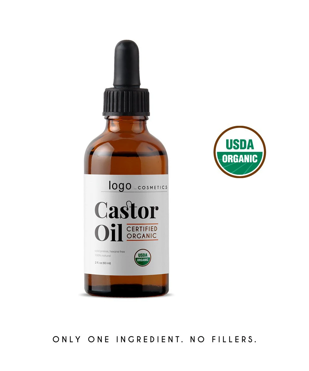 Custom logo 2oz 100% Pure Cold Pressed Organic Castor Oil Stimulate Growth for Eyelashes Eyebrows and Hair
