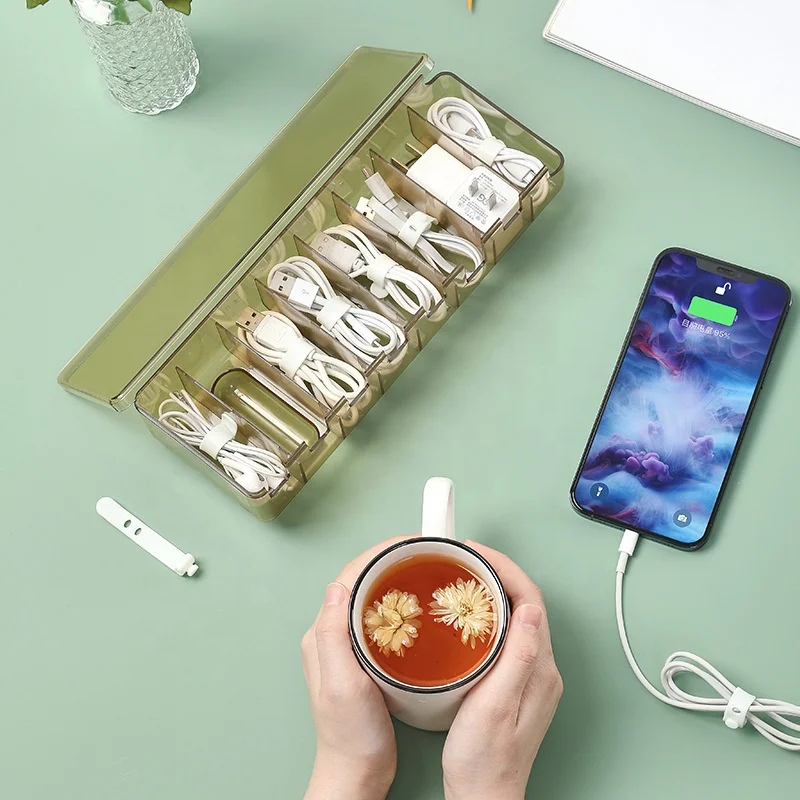 Portable USB data cable with cover plastic organizer, transparent acrylic rectangular storage box for office desk