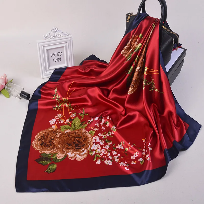 Роскошные брендовые квадратные мусульманские шарфы 90*90 см для женщин, шаль, Женская бандана, модные шарфы, Шелковый Атласный хиджаб с цветочным принтом, шарф