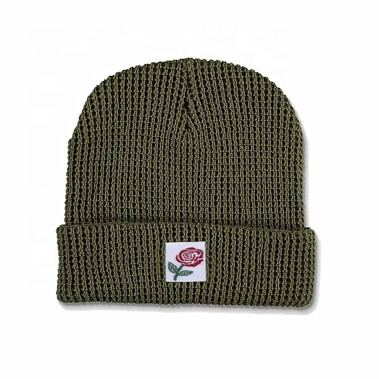 China Manufacture custom logo tag wool  cashmere waffle-knit design beanie hat rolled cuff beanies for men