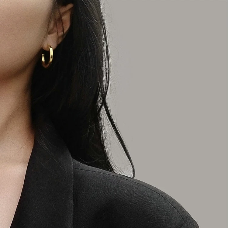 18k gold stainless steel Fashion chunky magazine opening hoops square tube plain 14k C shape earrings for woman