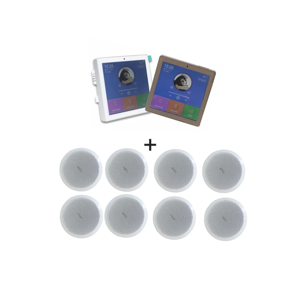 
4CH Mini 25W Bluetooth Touch Screen Home Audio Background Music host Wall Mount Amplifier with 8 PCS 6' Ceiling Speaker 