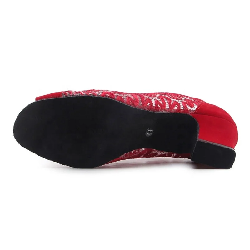 Red Color Women Ballroom Dance Shoes 4.5cm Heel Dragon Lace Suede Sole Teacher Student Practice Latin Salsa