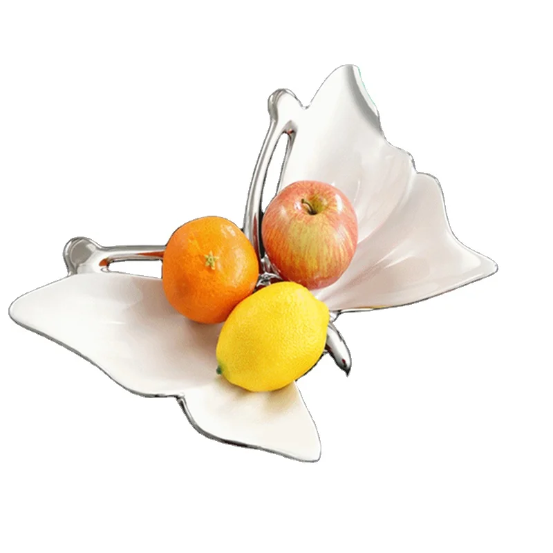 Creative unique butterfly shaped fruit ceramic plate white silver candy and Snack tray Porcelain 15 inch dishes