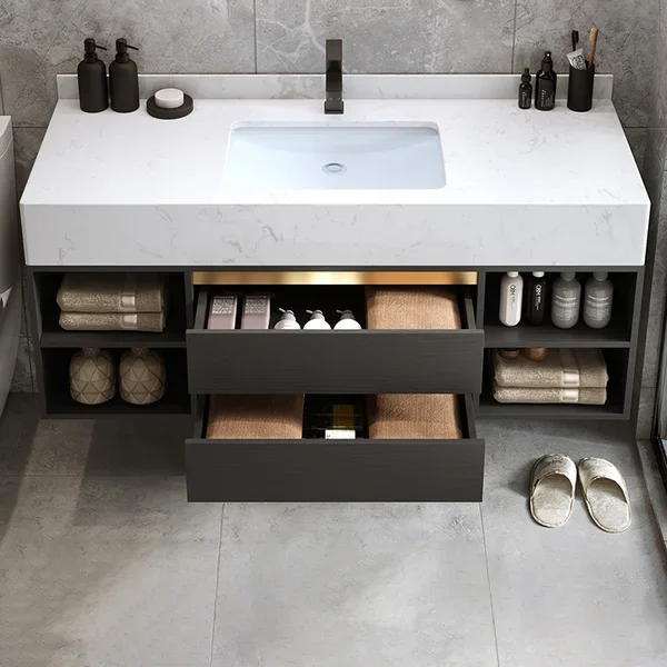 Modern Hot Floating Bathroom Vanity Set with Single Ceramic Sink 2 Drawers and Open Shelves