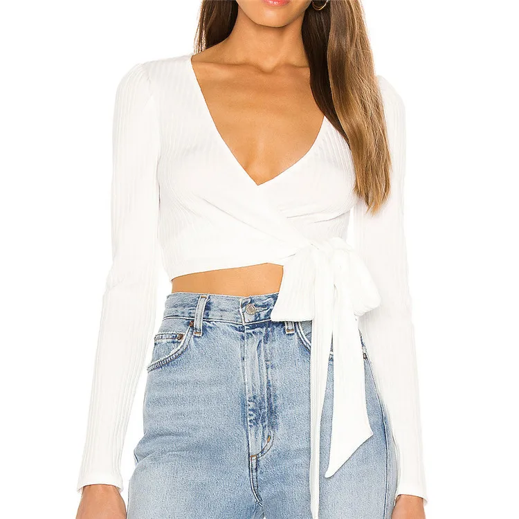 wholesale casual summer long sleeve deep v neck sexy white ribbed knitted wrap crop tops for women