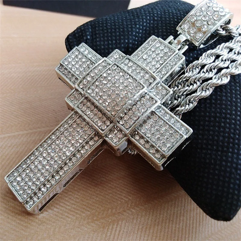 2020 hip hop gold rope chain jewelry iced out gemstone diamond cross pendant necklace