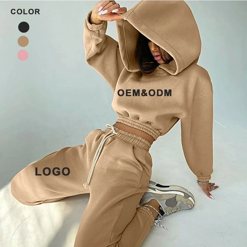 Wholesale Gym Wear Women Tracksuit Winter Sport Suits 2 Piece Set Casual Outfit Pullover Crop Top Hoodie+Sweatpants Jogger Set