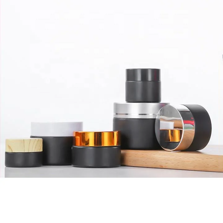Wholesale Matte Black Glass Cosmetic Cream Jar with Different Lids