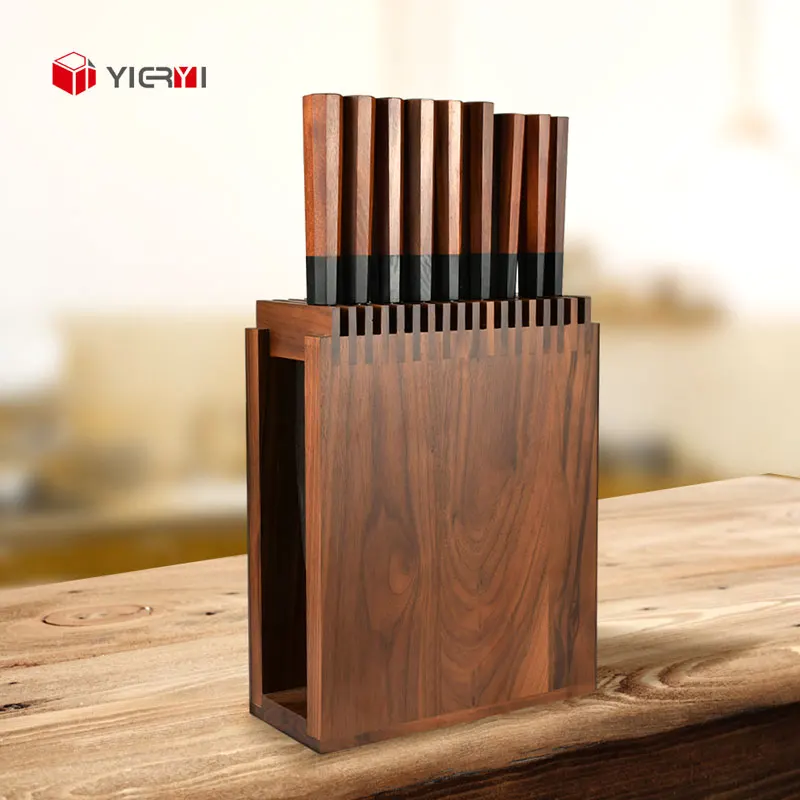 High Quality Rectangular Multi-slotted Knife Holder Walnut Knife Block Kitchen Knife Stand