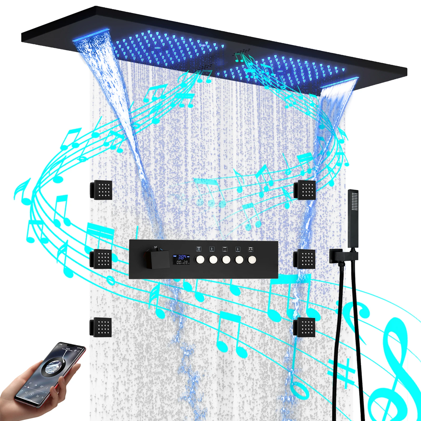 Smart Ceiling Mount 36*12inch Music LED Shower Head Rain Massage Thermostatic Concealed Shower System Set Bathroom