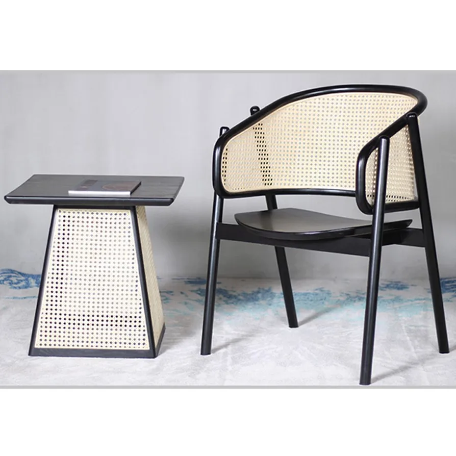 
Nordic Futniture Modern Solid Wood Antique Cafe Rattan Chair Dining Room Back Rattan Chair Armrest 