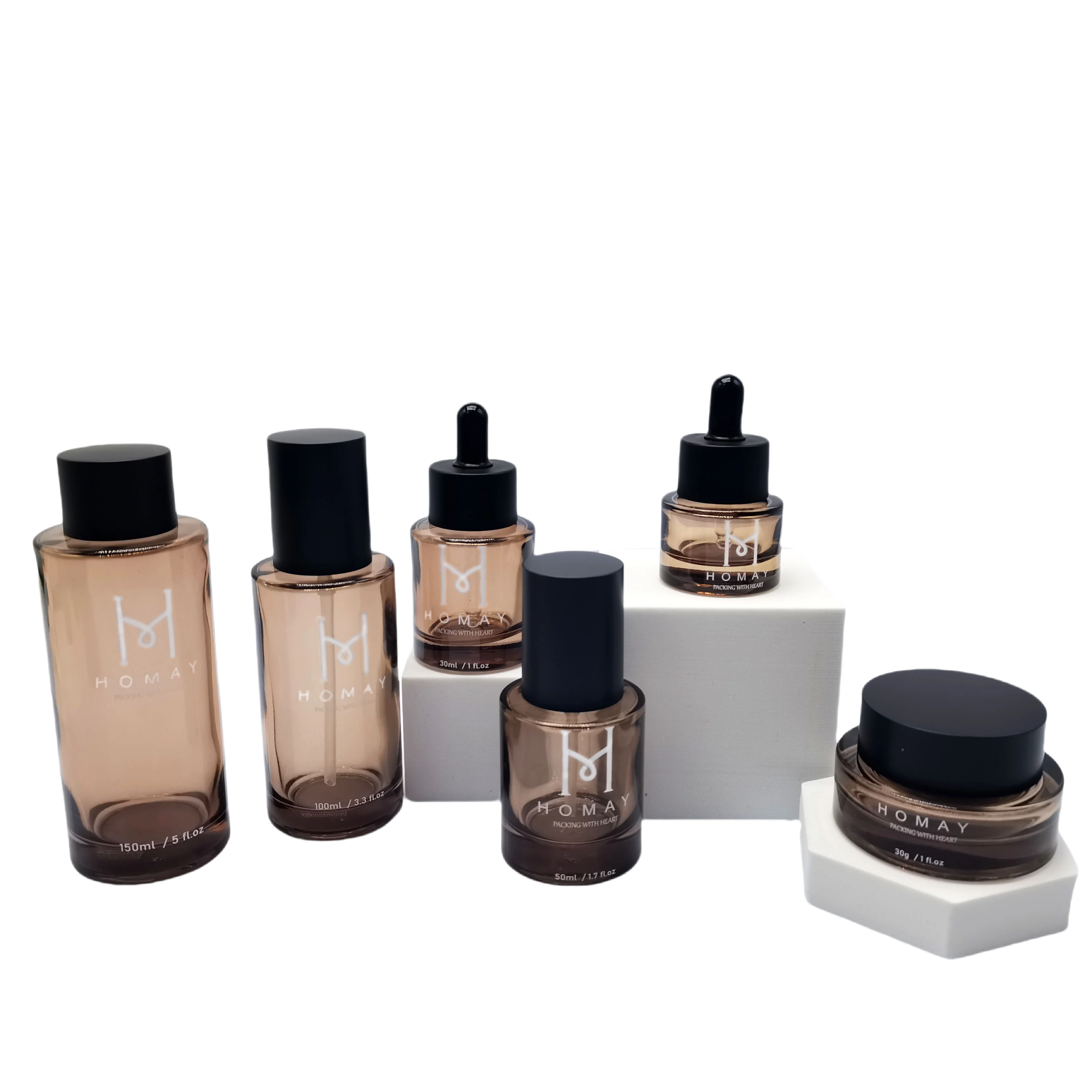 Homay packaging high ended 10ml 20ml 30ml 50ml 100ml amber glass lotion bottle set for facial care products