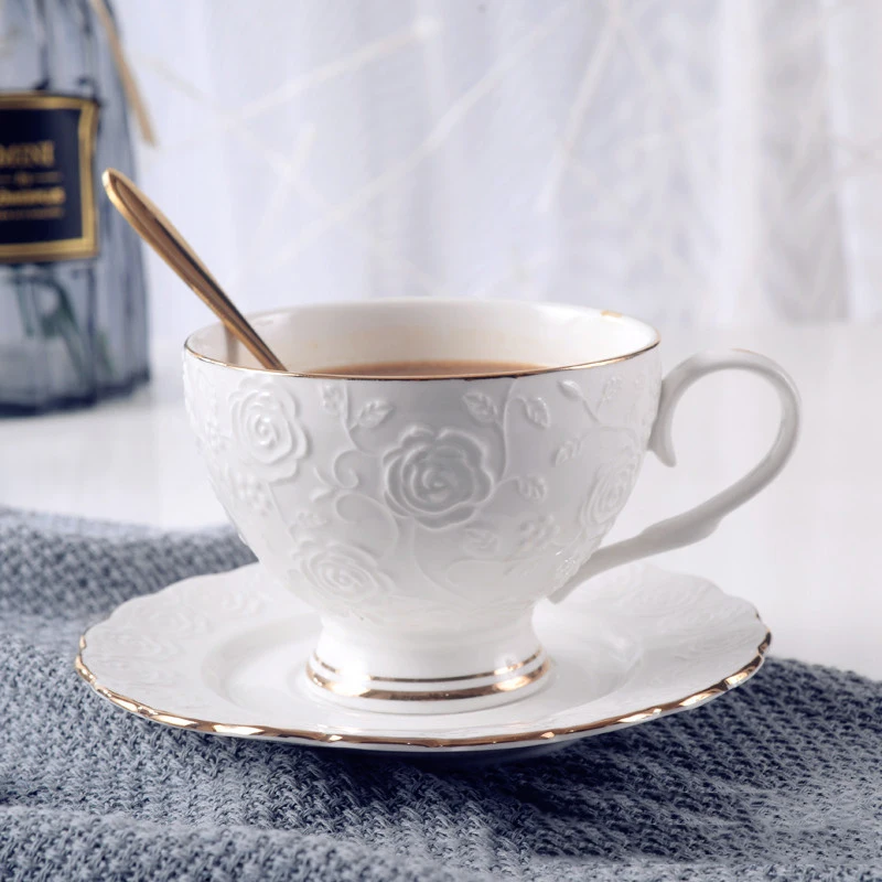 Elegant White Ceramic Coffee Tea Embossing Cup and Saucer Set Bone China Tea Cup and Saucer for Cafe