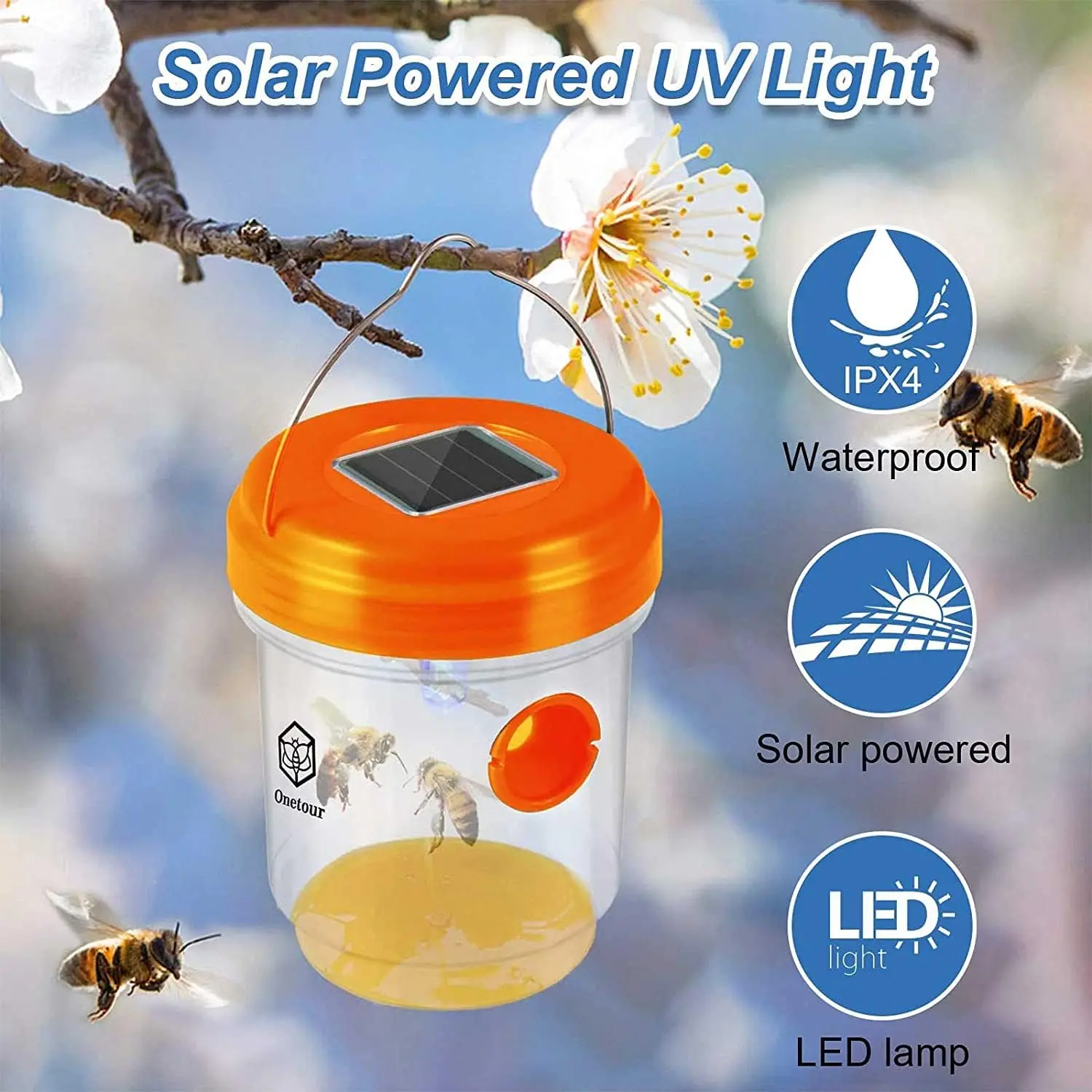 Reusable Wasp Catcher Trap with Solar Power UV LED Light Hanging Wasp Killer for Outdoor Yellow Jackets