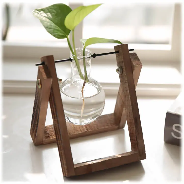 Glass Plant Terrarium With Wooden Stand Wooden Vase Test Tube Vase Wooden Vase Holder