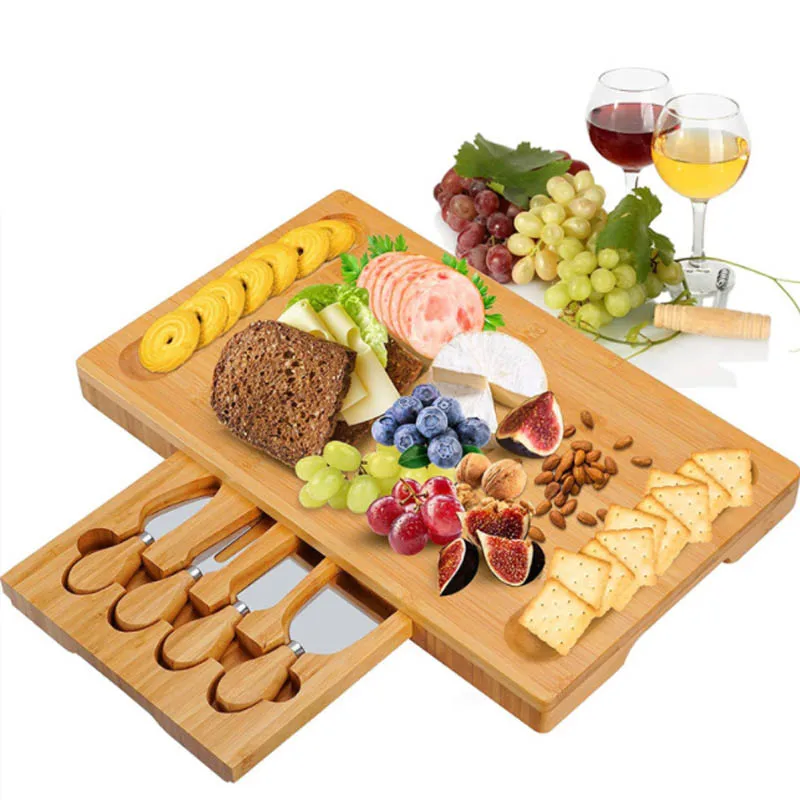 Bamboo Cheese Cutting Board Food Serving Tray Set Rectangle Shape Slide Draw Stainless Steel Cheese Knives Bamboo Snack Tray Set