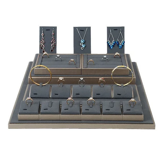 SKQ OEM Custom Holder Color PU Leather Wooden Ring Bracelet Chain Display Jewelry Display Stand Sets For Store