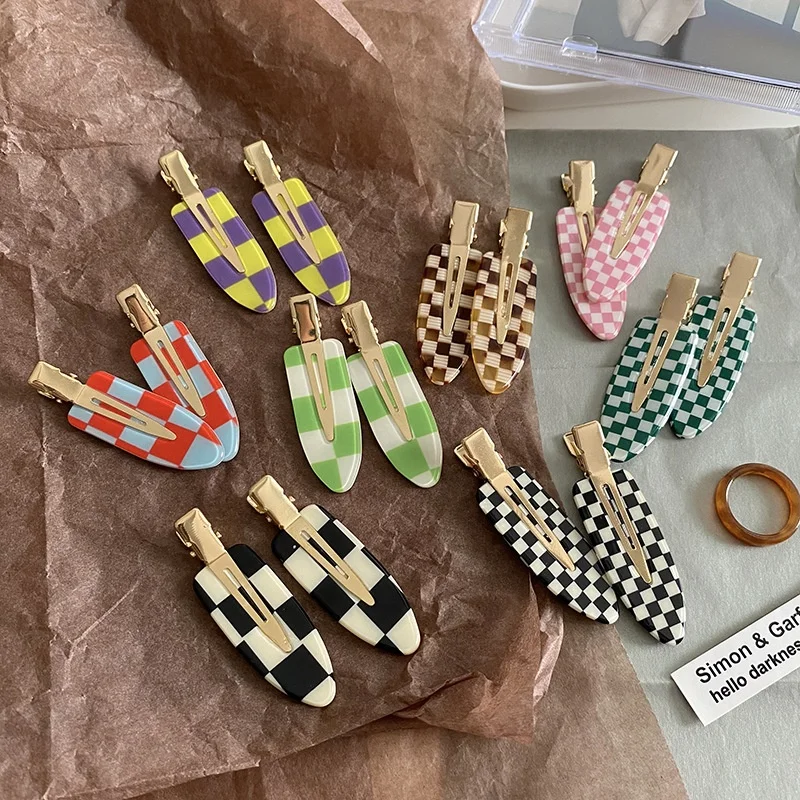 Custom shovel duck flat dent bangs salon makeup check hair clips acetate creaseless crease less no bend checkered hair clip