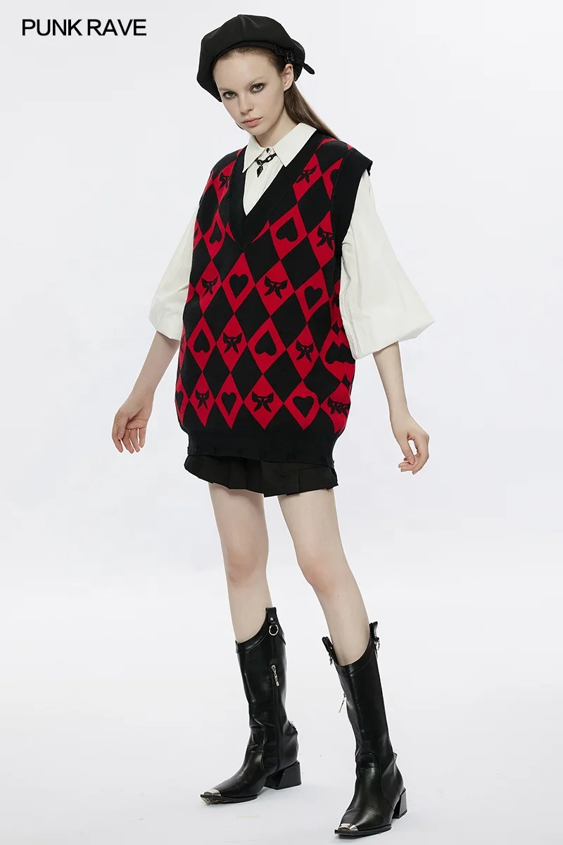 PUNK RAVE OPM-233TMF winter girls fashion soft warm comfortable wool V-neck loose fit original diamond weaving sleeveless vest