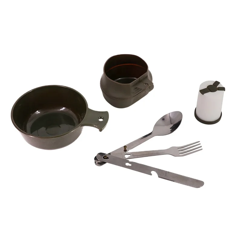 Free Sample Durable Traveling Hiking Camping Outdoor Metal 8-Piece Mess Kit Mess Tin Food Container with Handle Green Olive