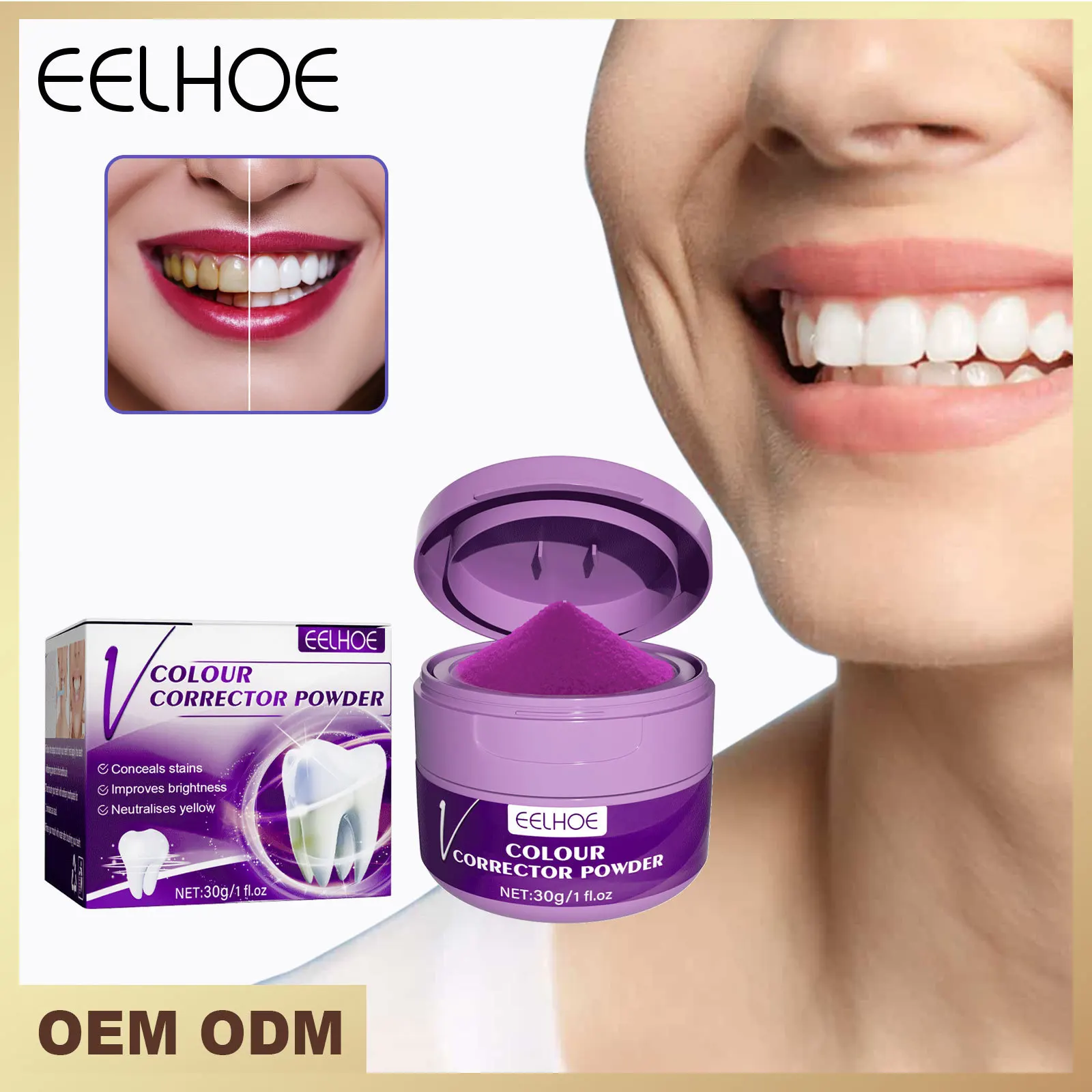 OEM Customized Home Use V34 Colour Corrector Teeth Whitening Powder purple Powder Yellow stains Removal with advanced technology