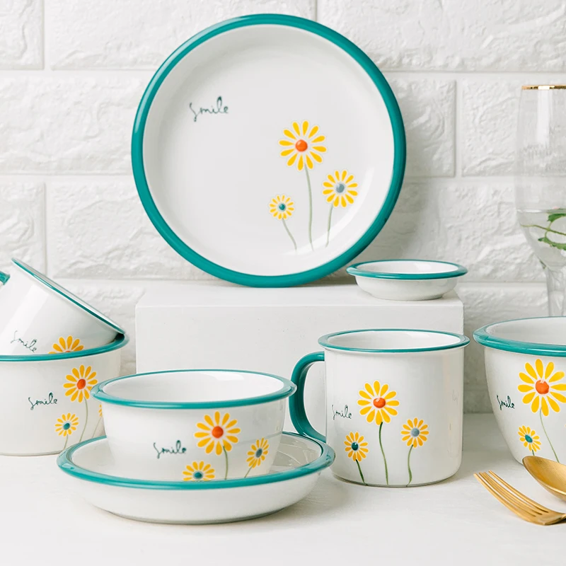 Jade-cer  ceramic Japanese Little Daisy design thick blue border soup rice salad bowls deep plates mug tablewares