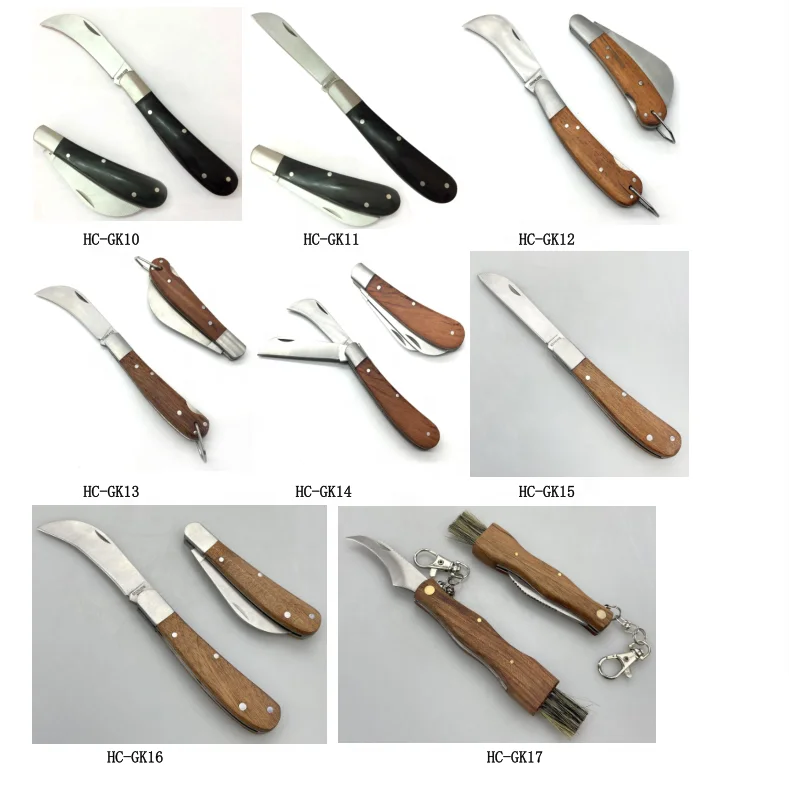 Garden supplies wood handle garden knife mushroom knife outdoor camping folding blade mushroom knife with brush
