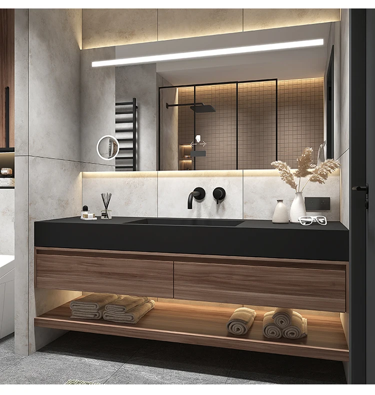 AIM smart vanity mirror bathroom cabinet modern luxury rock stone counter top with cabinet sets