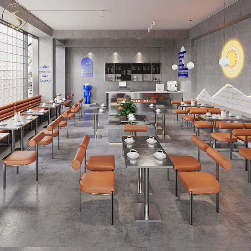 High quality fast food restaurant leather modern solid wooden dinner table with chairs