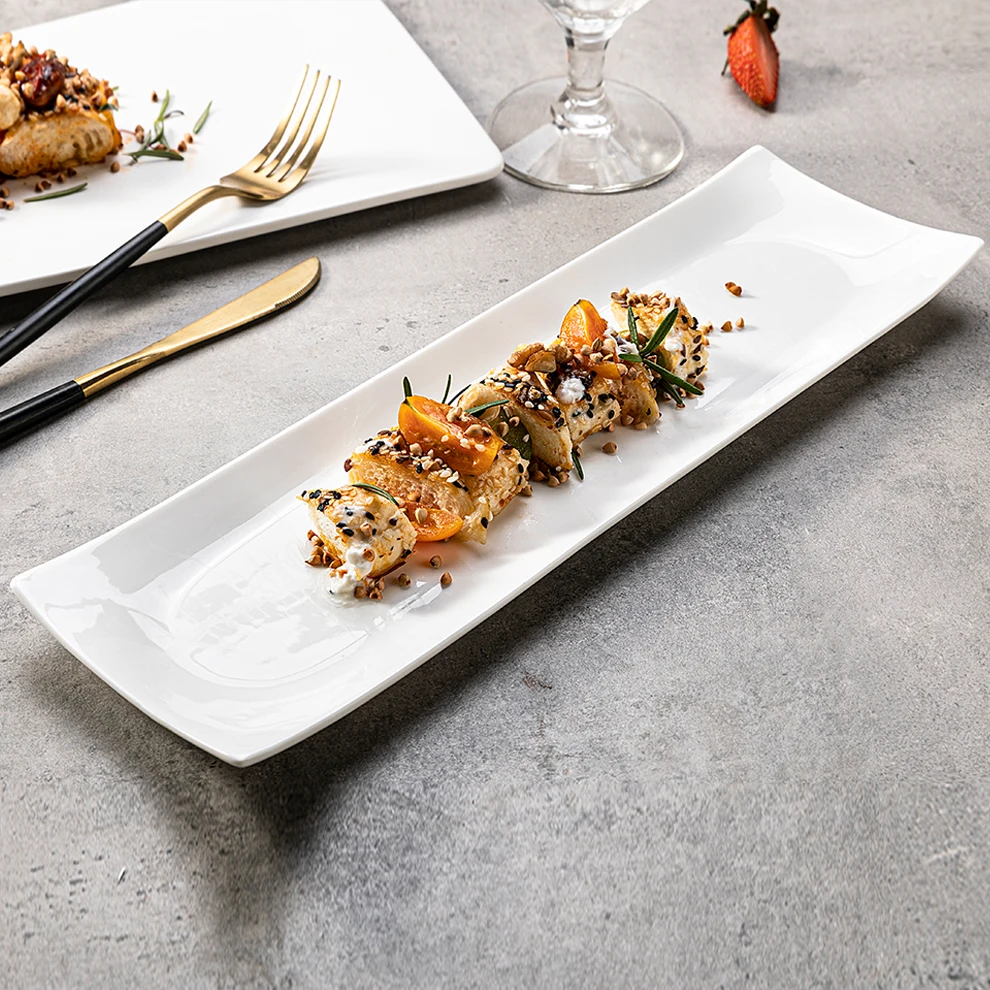 Casual Restaurant Ceramic Plates Minimalist Softy-Curved Raised Edge Dessert Platter Sushi Plate Clay Rectangular Strip Tray