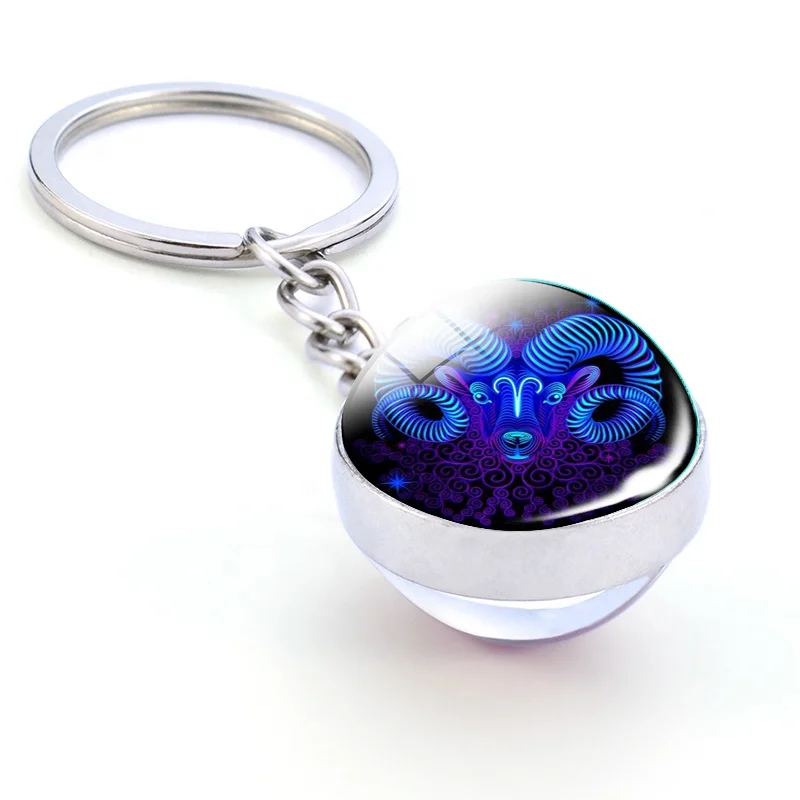 12 Constellation Keychain Bull Sheep Lion Crab Scorpion Zodiac Glass Ball Key Chain Car Key Ring Men Birthday Gift