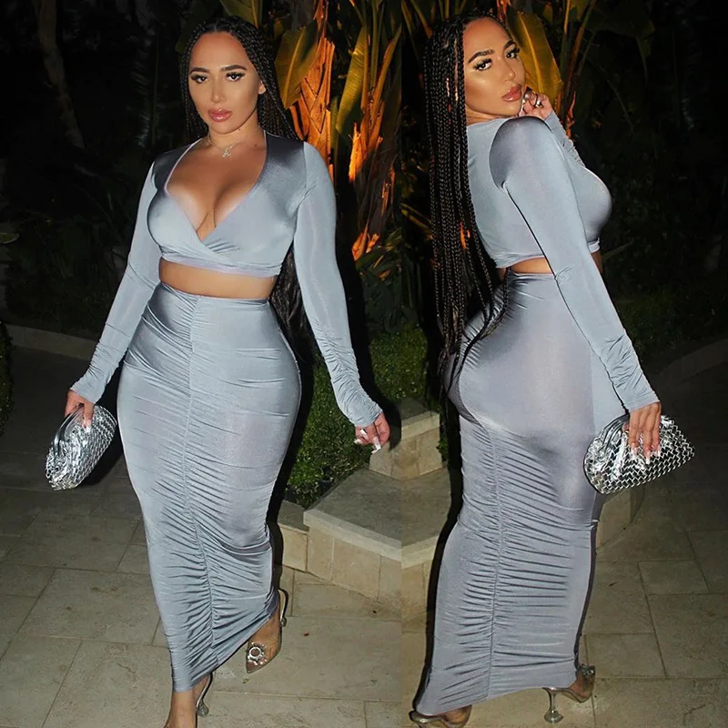 Workout Solid Bodycon Wrap V Neck Crop Top Long Sleeve Shiny Stacked Matching Maxi Skirt Set Clothes 2022 Spring Women Clothing