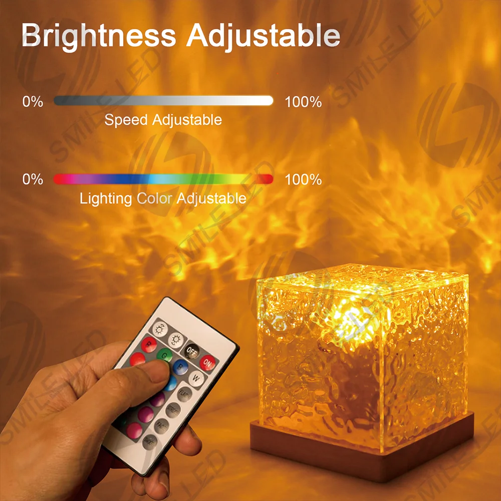 Square LED Crystal Table Lamp Dynamic water ripple Decorations light USB charge Adjustable Romantic Atmosphere lamp