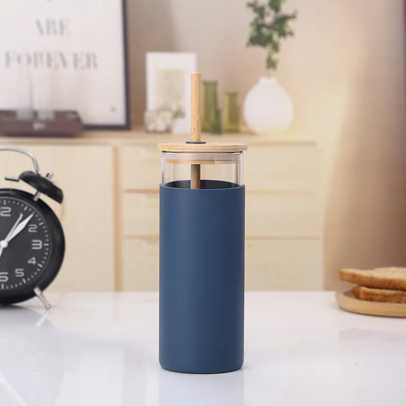 Bpa Free Keep Warm Custom Printing Reusable Water Bottles Cup Bamboo Lid Straight Tumbler with Silicone Sleeve and Straw 500ml