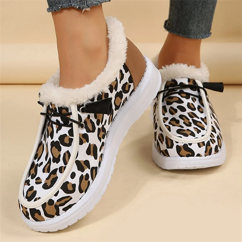 New Fashion Leopard Women Plimsolls Snow Boots Outdoor Plush Casual Shoes Canvas Sneakers Comfortable Cotton Shoes Loafers