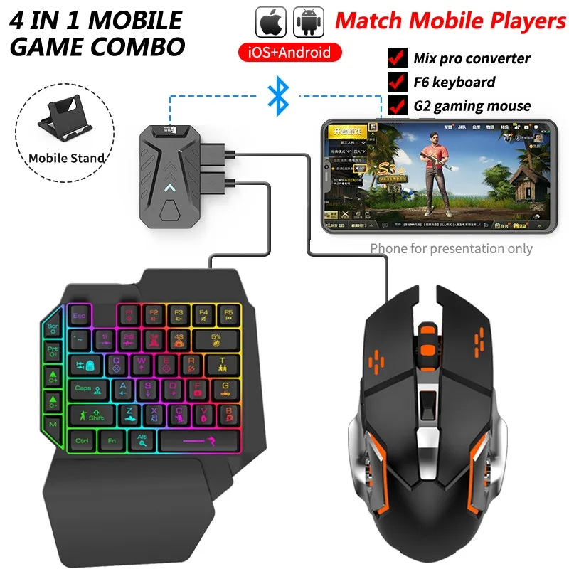 Беспроводной конвертер с клавиатурой One-hand F6 и игровой мышью G2 для мобильных игр Ios android 4