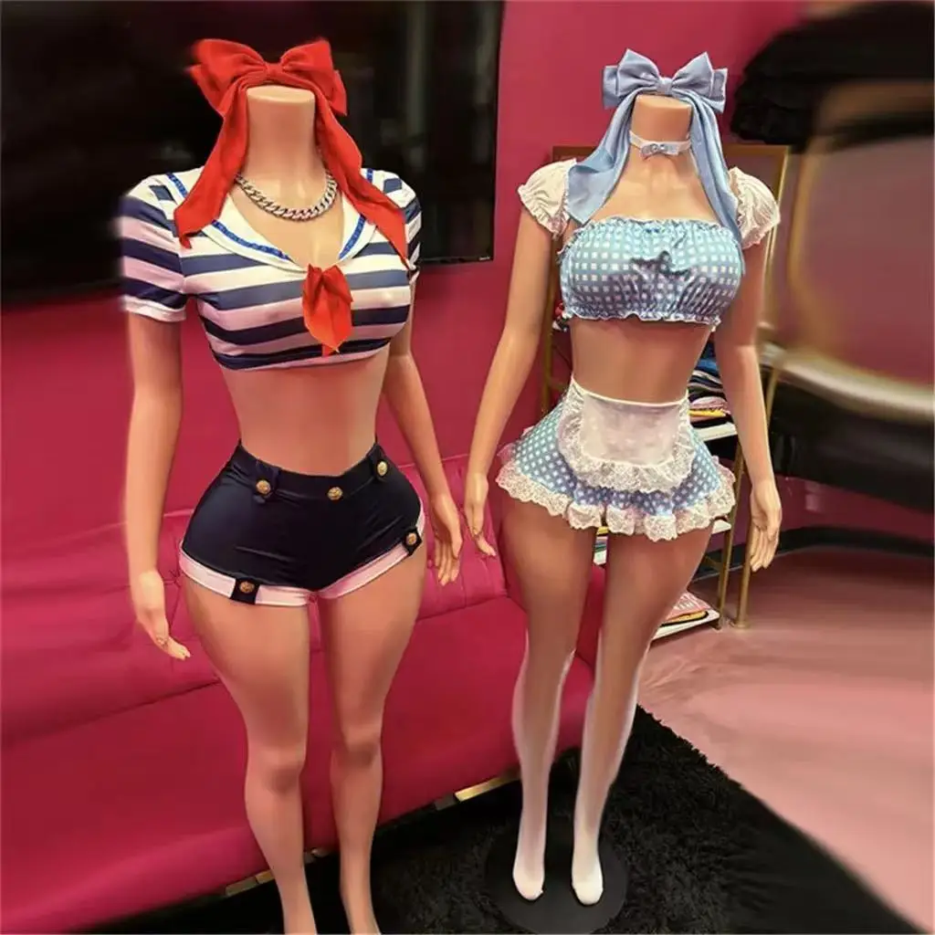 Sexy Striped Navy Costume Set Adult Women Halloween Cosplay Sailor Uniform Outfit & Plaid Uniform Skirt Suits(With bow hairpin)