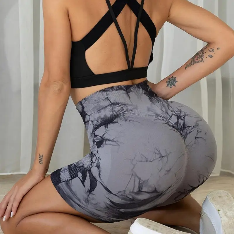 Dropshipping Products Custom Yoga Seamless Tie Dye Printed High Waist Running Women Gym Shorts